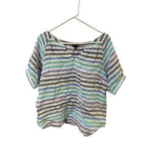 Talbots Size Medium 100% Linen Stripe V Neck Casual Top Women Blouse